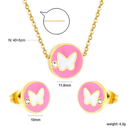 Round Butterfly Sticky White Diamonds Set Gold Earrings: 10mm Pendant: 11.8mm 0.3 Cross Chain 40+5cm+6mm Round Plaque asonjewelry