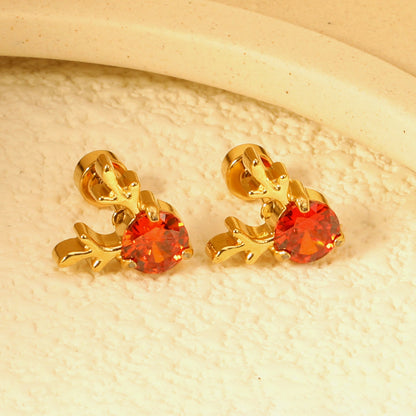 Children's Christmas elk antler shaped twist plug earrings gold color asonjewelry