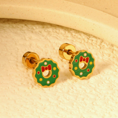 Children's Christmas green oil drop round twist plug earrings gold color asonjewelry