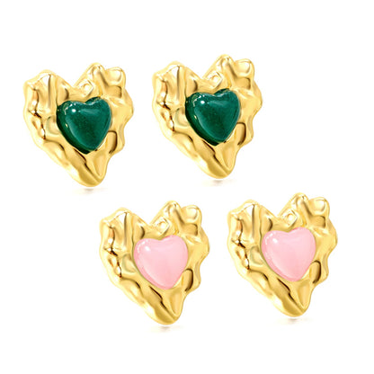 Pink & Green & Navy Blue Diamonds Convex Heart Stud Earrings 15*15.6mm Gold Color asonjewelry