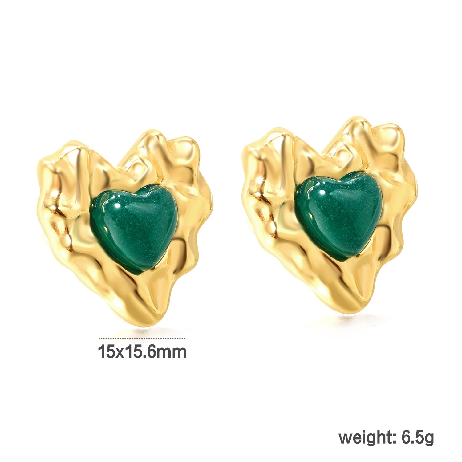 Pink & Green & Navy Blue Diamonds Convex Heart Stud Earrings 15*15.6mm Gold Color asonjewelry