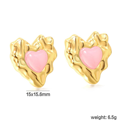 Pink & Green & Navy Blue Diamonds Convex Heart Stud Earrings 15*15.6mm Gold Color asonjewelry