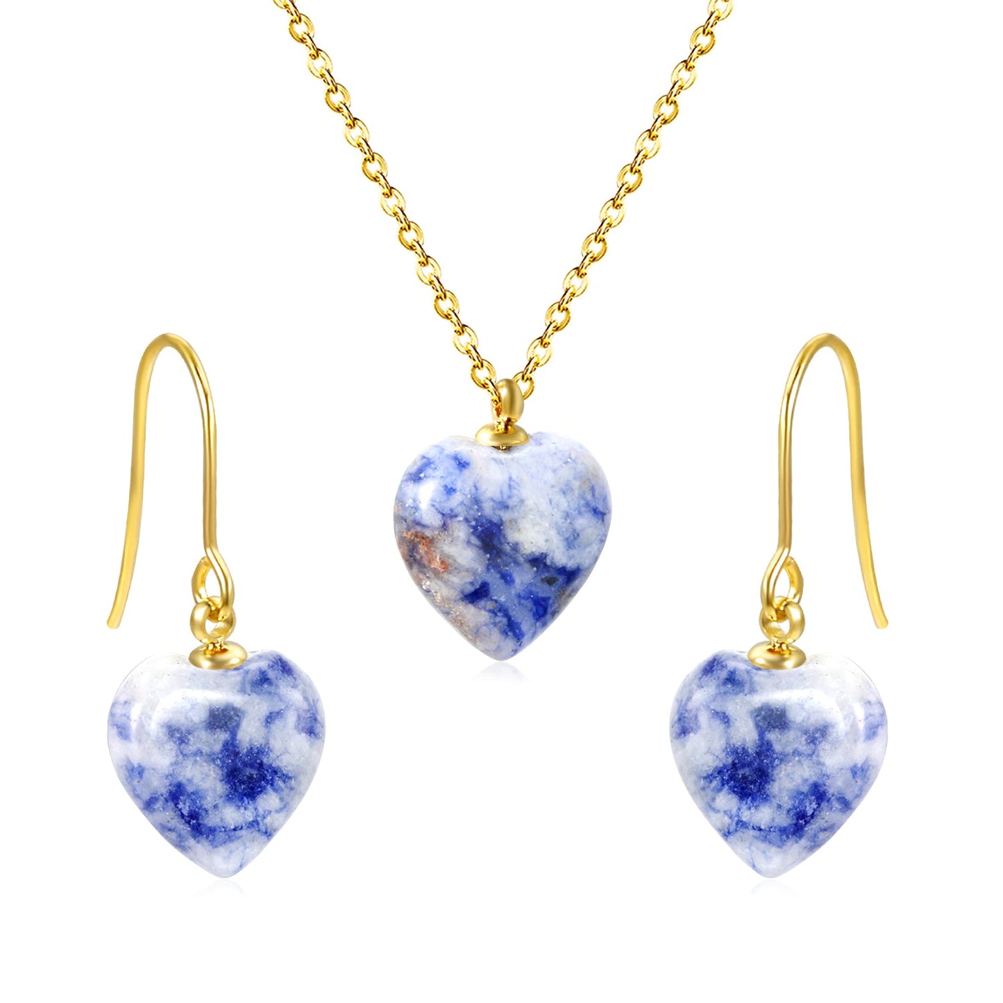 Gray/Purple/Blue Heart Stones Set Gold Earrings:12.2*12.3mm Pendant:12.2*12.3mm 0.3 Cross Chain 40+5cm+6mm Round Plaque asonjewelry
