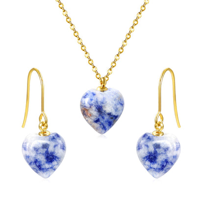 Gray/Purple/Blue Heart Stones Set Gold Earrings:12.2*12.3mm Pendant:12.2*12.3mm 0.3 Cross Chain 40+5cm+6mm Round Plaque asonjewelry