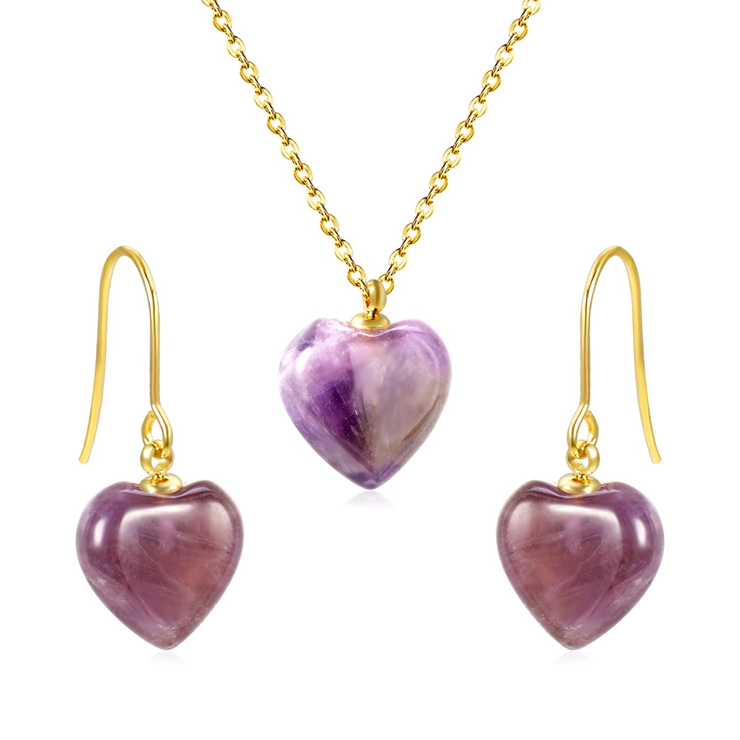 Gray/Purple/Blue Heart Stones Set Gold Earrings:12.2*12.3mm Pendant:12.2*12.3mm 0.3 Cross Chain 40+5cm+6mm Round Plaque asonjewelry
