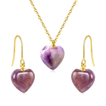 Gray/Purple/Blue Heart Stones Set Gold Earrings:12.2*12.3mm Pendant:12.2*12.3mm 0.3 Cross Chain 40+5cm+6mm Round Plaque asonjewelry