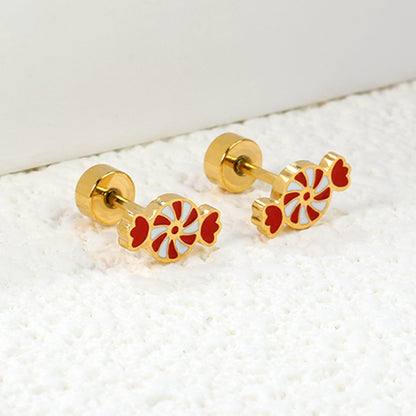 Children's Christmas carousel candy shape twist plug earrings gold color asonjewelry