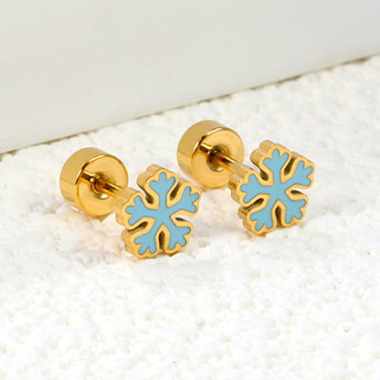 Children's Christmas snowflake shaped twisted plug earrings gold color asonjewelry