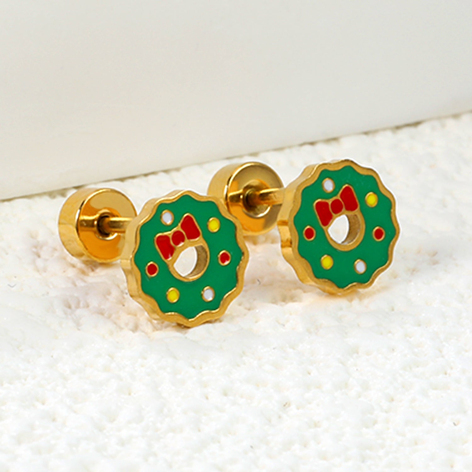 Children's Christmas green oil drop round twist plug earrings gold color asonjewelry