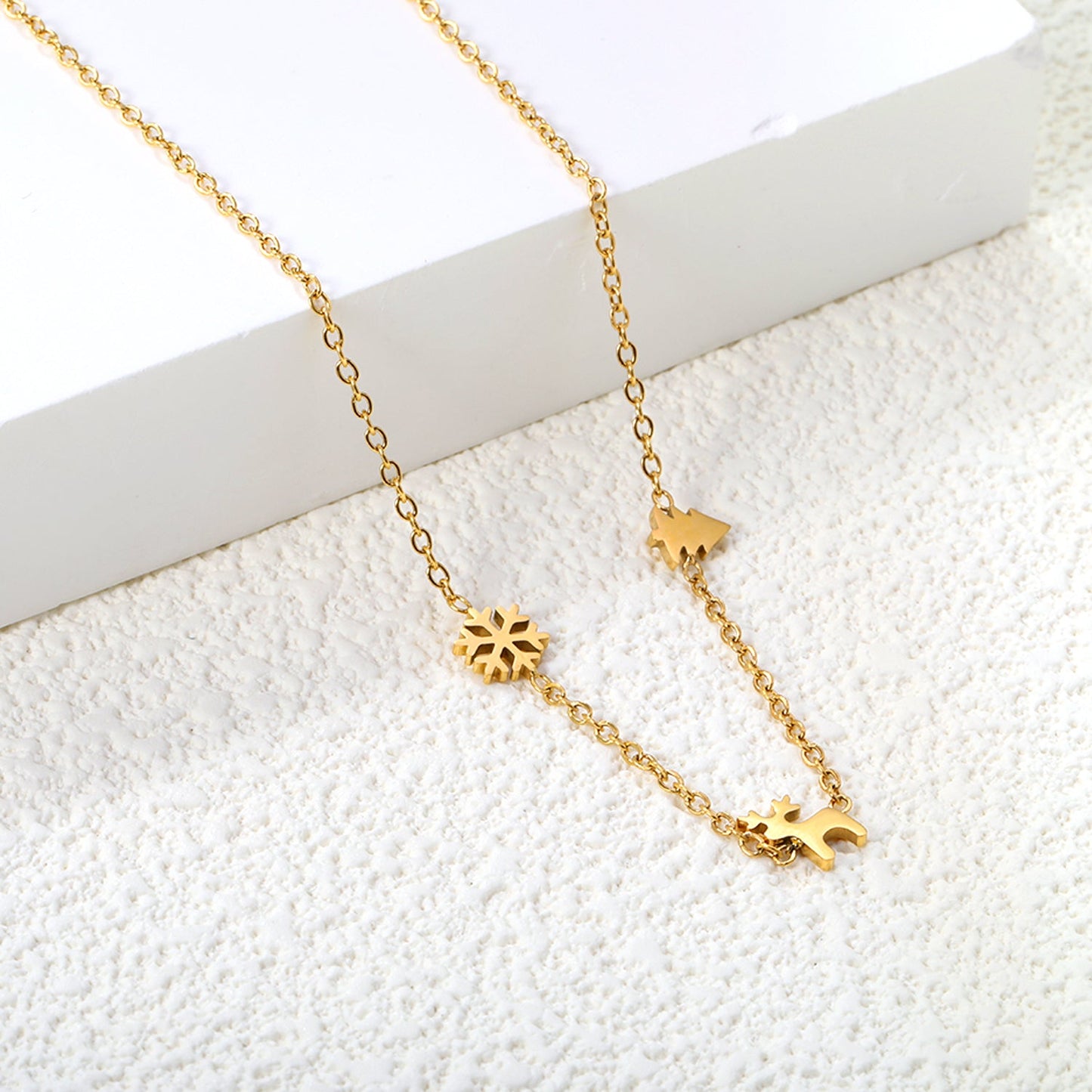 Children's Christmas Moose + Christmas Tree + Snowflake Necklace Gold asonjewelry