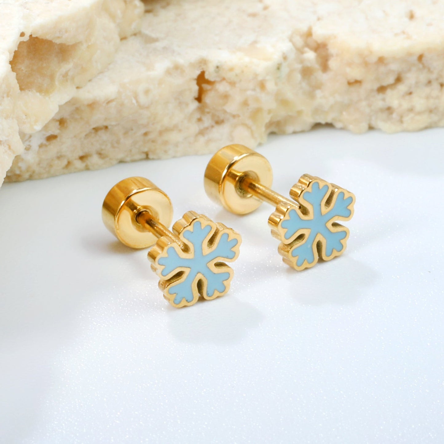 Children's Christmas snowflake shaped twisted plug earrings gold color asonjewelry