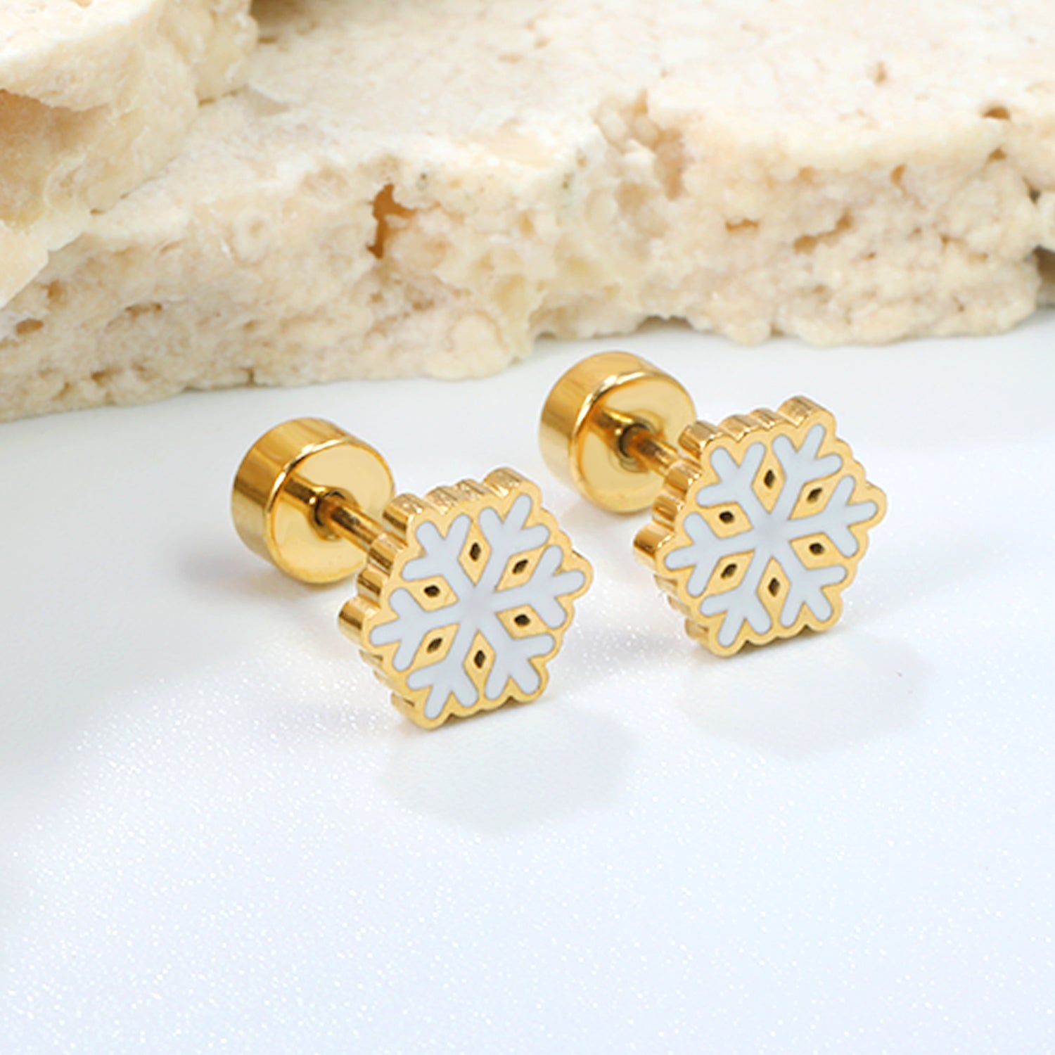 Children's Christmas winter snowflake twist plug earrings gold color asonjewelry