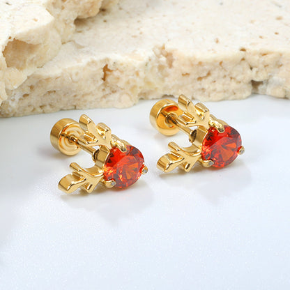 Children's Christmas elk antler shaped twist plug earrings gold color asonjewelry