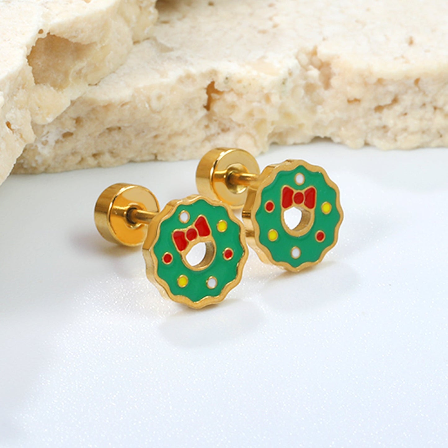 Children's Christmas green oil drop round twist plug earrings gold color asonjewelry