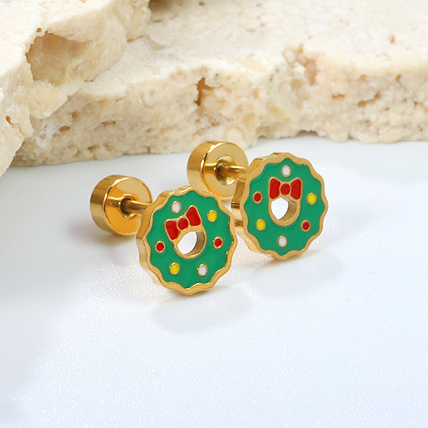 Children's Christmas green oil drop round twist plug earrings gold color asonjewelry