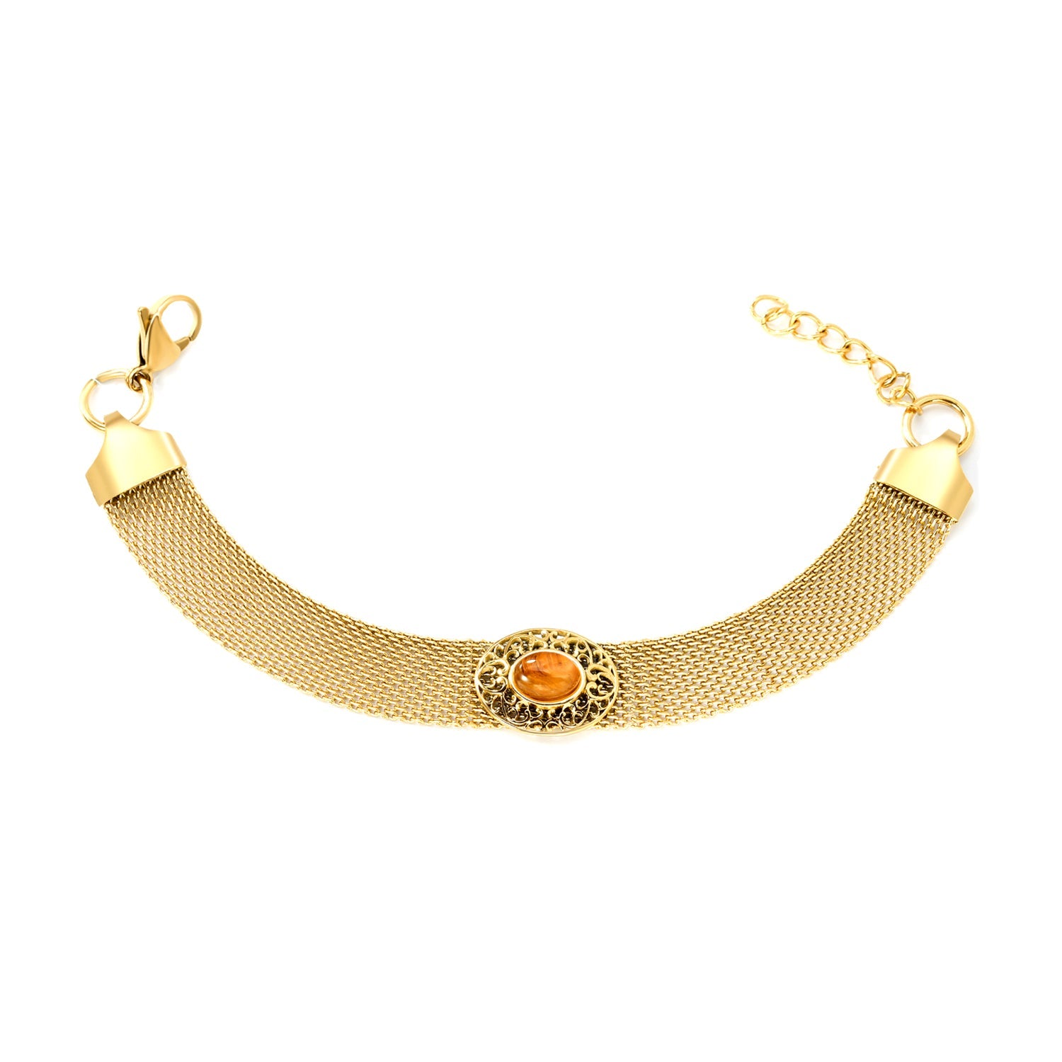 18.8*15mm Oval Hollowed Out with Earth Yellow Stones 18.5+3cm End Bracelet Bracelet Golden asonjewelry