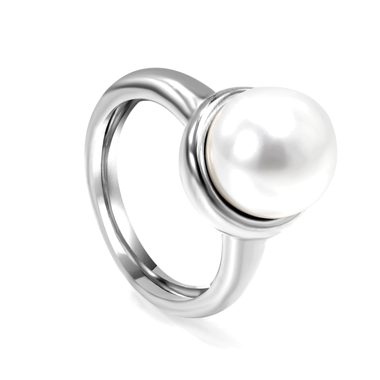 Minimalist band ring with oversized white round pearls. asonjewelry