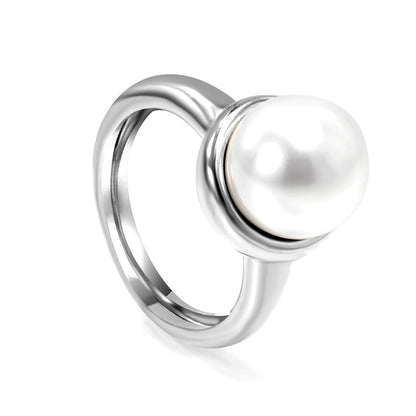 Minimalist band ring with oversized white round pearls. asonjewelry