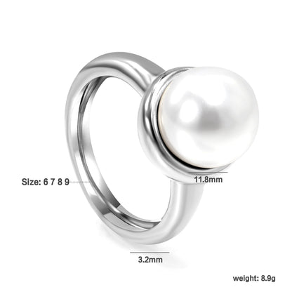 Minimalist band ring with oversized white round pearls. asonjewelry