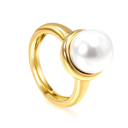 Minimalist band ring with oversized white round pearls. asonjewelry