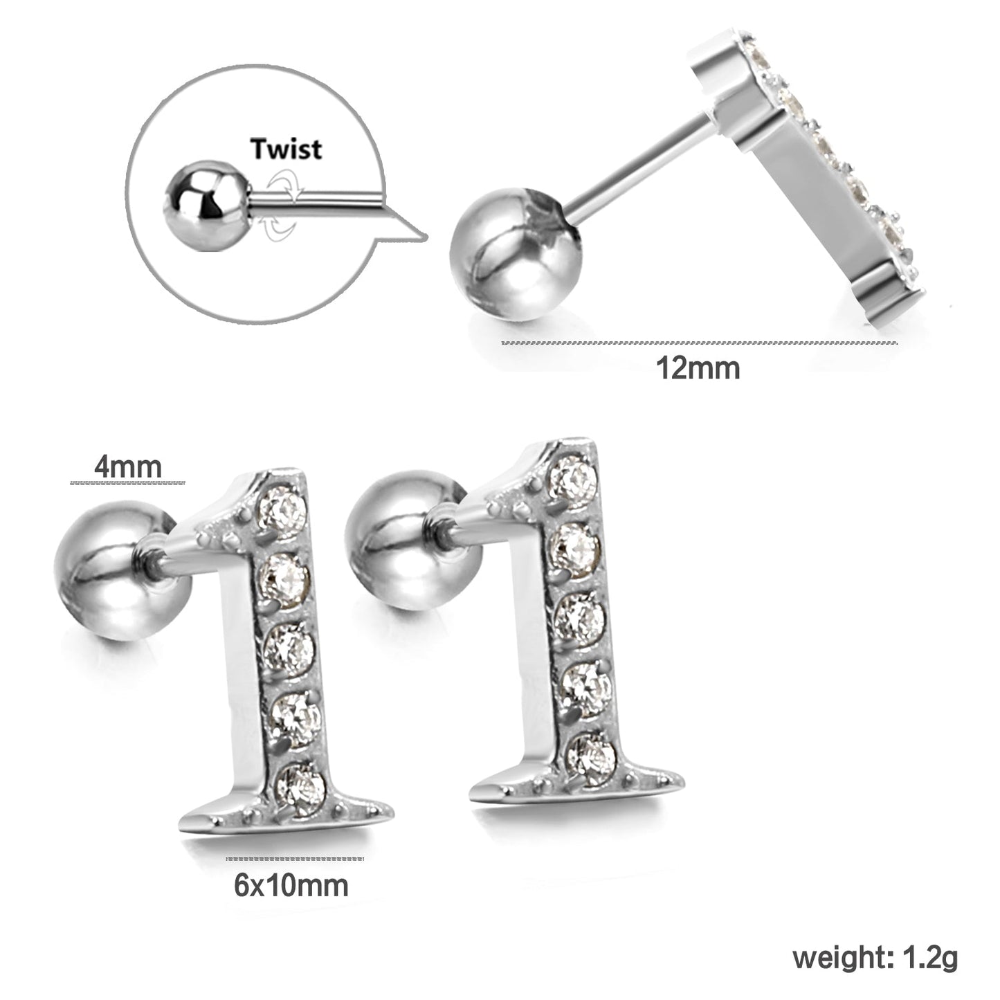 Steel ball screw-in numbers 1~9 with white diamond earrings 6*10mm asonjewelry