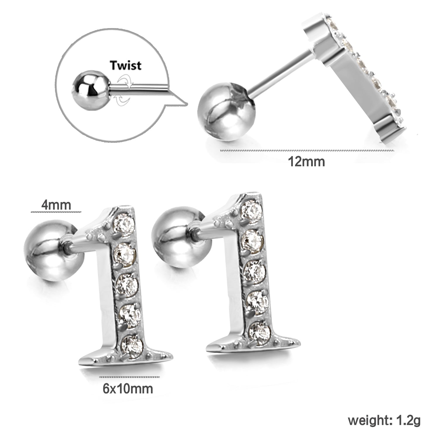 Steel ball screw-in numbers 1~9 with white diamond earrings 6*10mm asonjewelry
