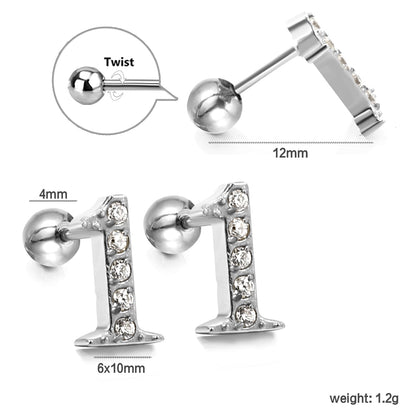 Steel ball screw-in numbers 1~9 with white diamond earrings 6*10mm asonjewelry