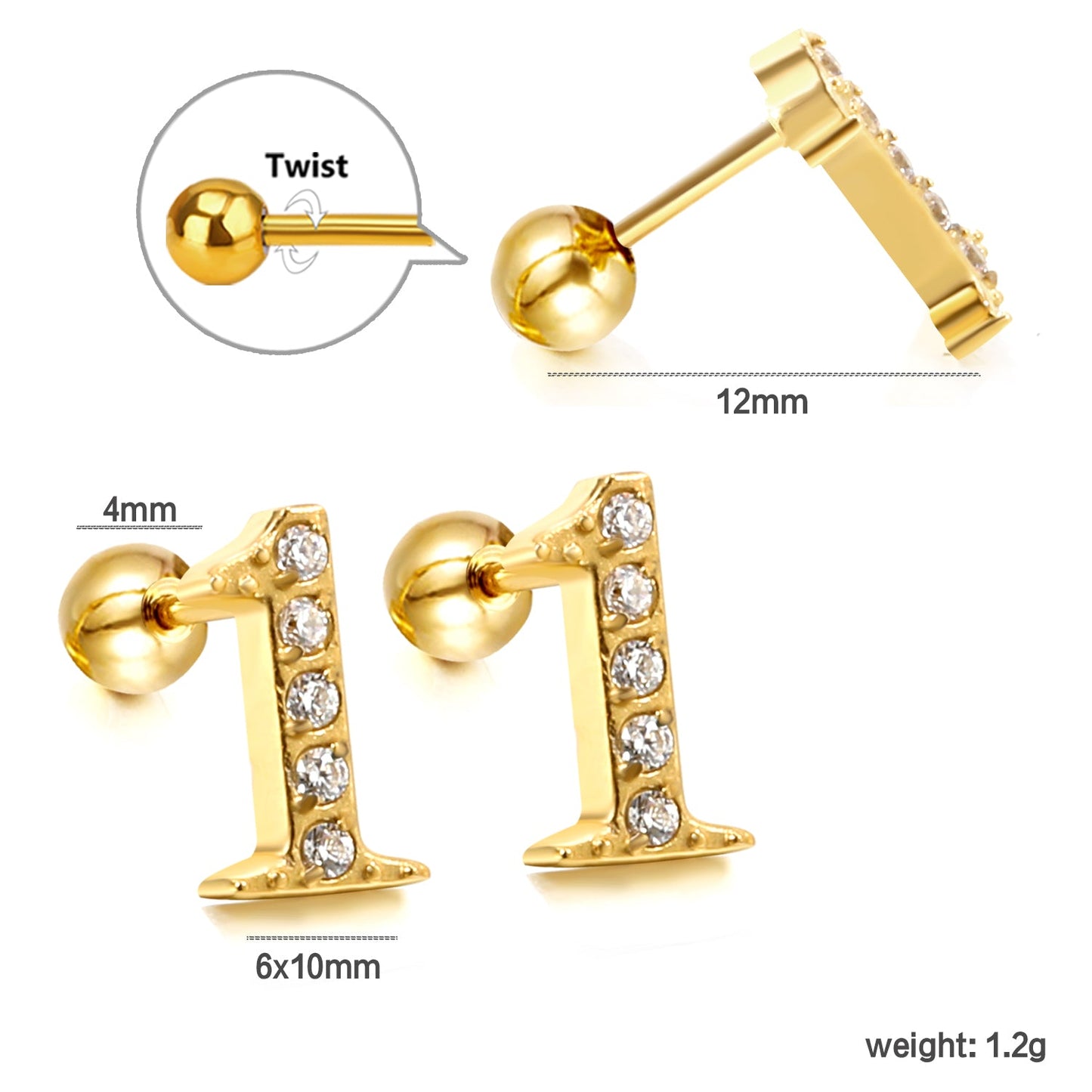 Steel ball screw-in numbers 1~9 with white diamond earrings 6*10mm asonjewelry