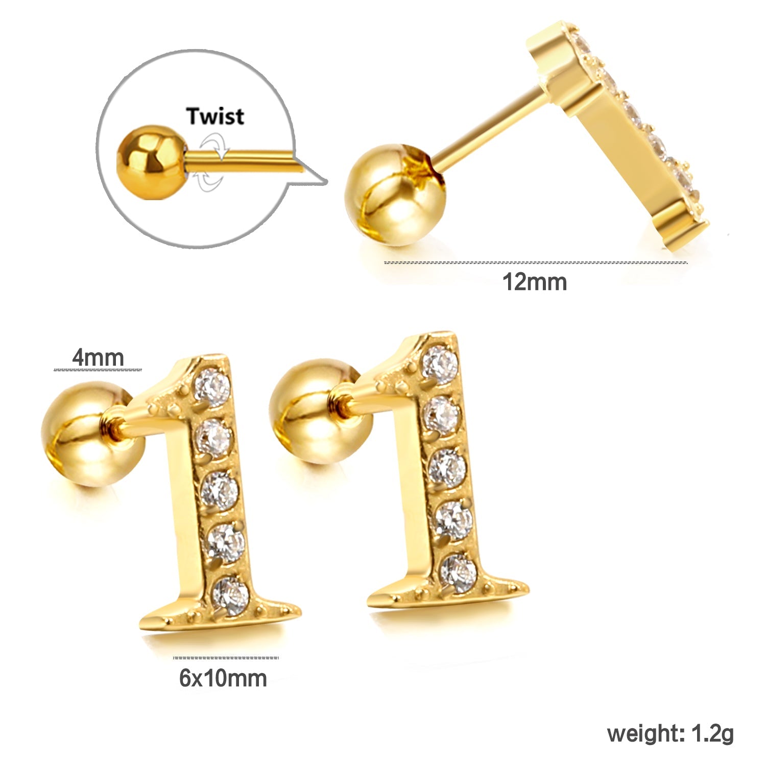 Steel ball screw-in numbers 1~9 with white diamond earrings 6*10mm asonjewelry