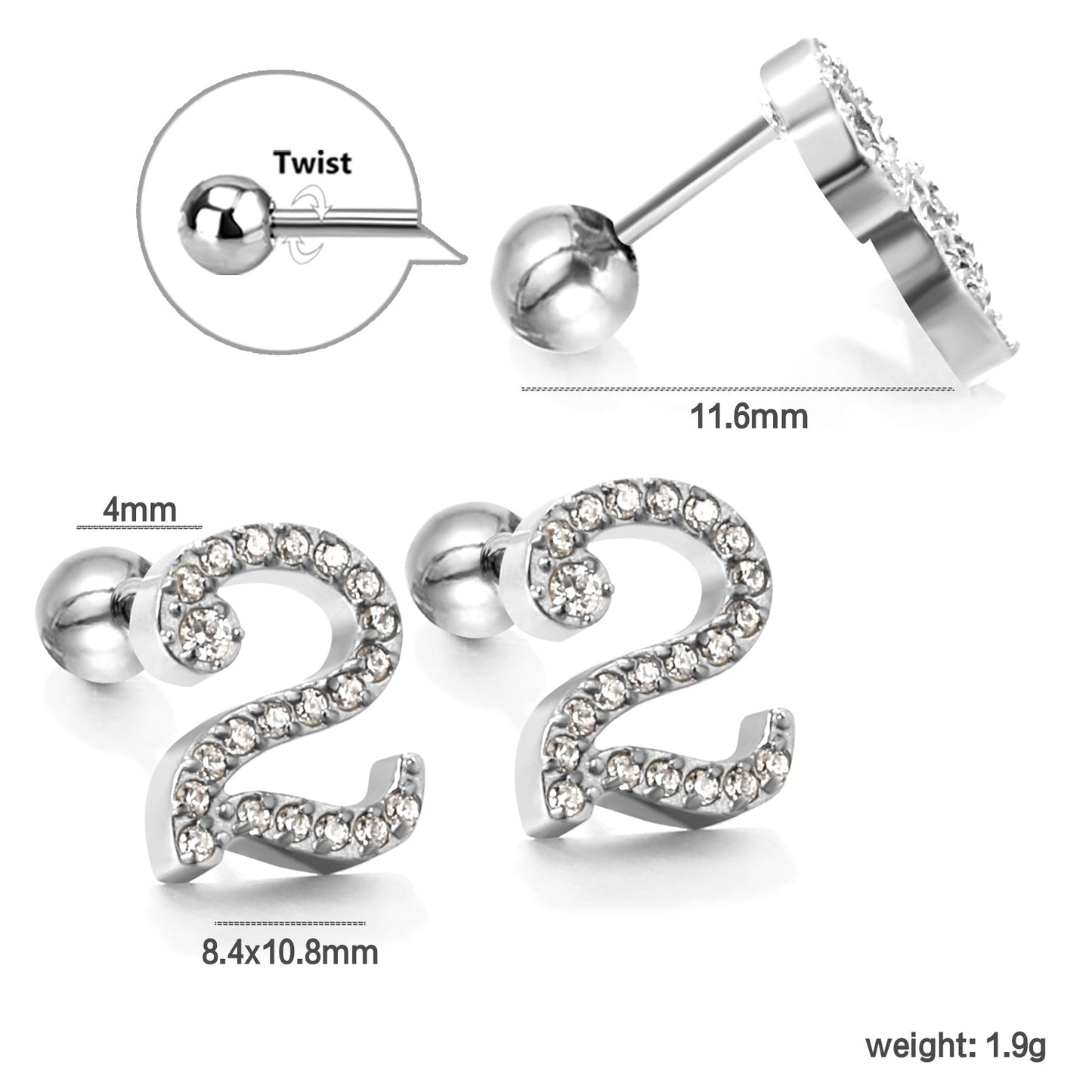 Steel ball screw-in numbers 1~9 with white diamond earrings 6*10mm asonjewelry