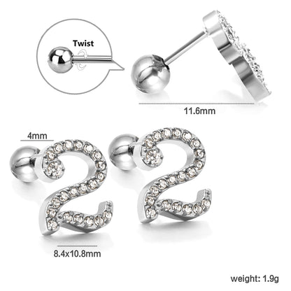 Steel ball screw-in numbers 1~9 with white diamond earrings 6*10mm asonjewelry