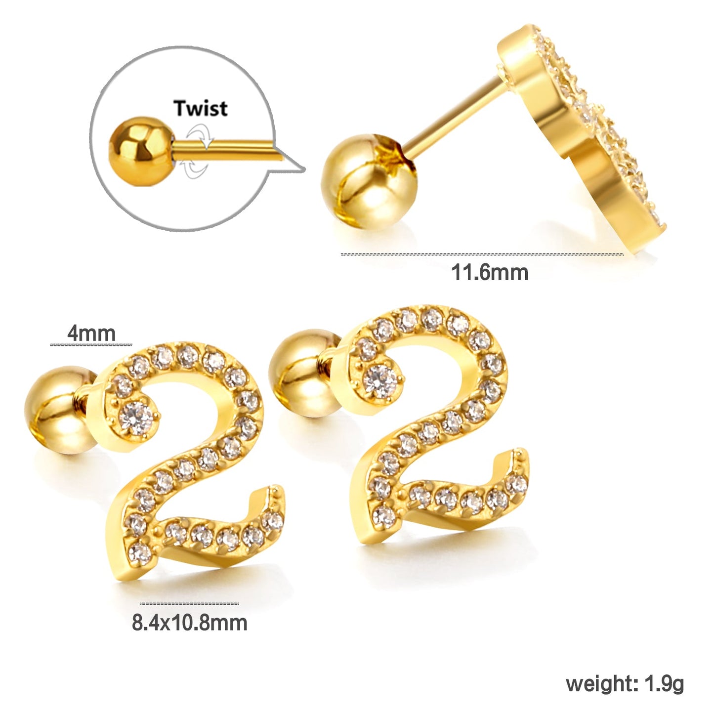 Steel ball screw-in numbers 1~9 with white diamond earrings 6*10mm asonjewelry