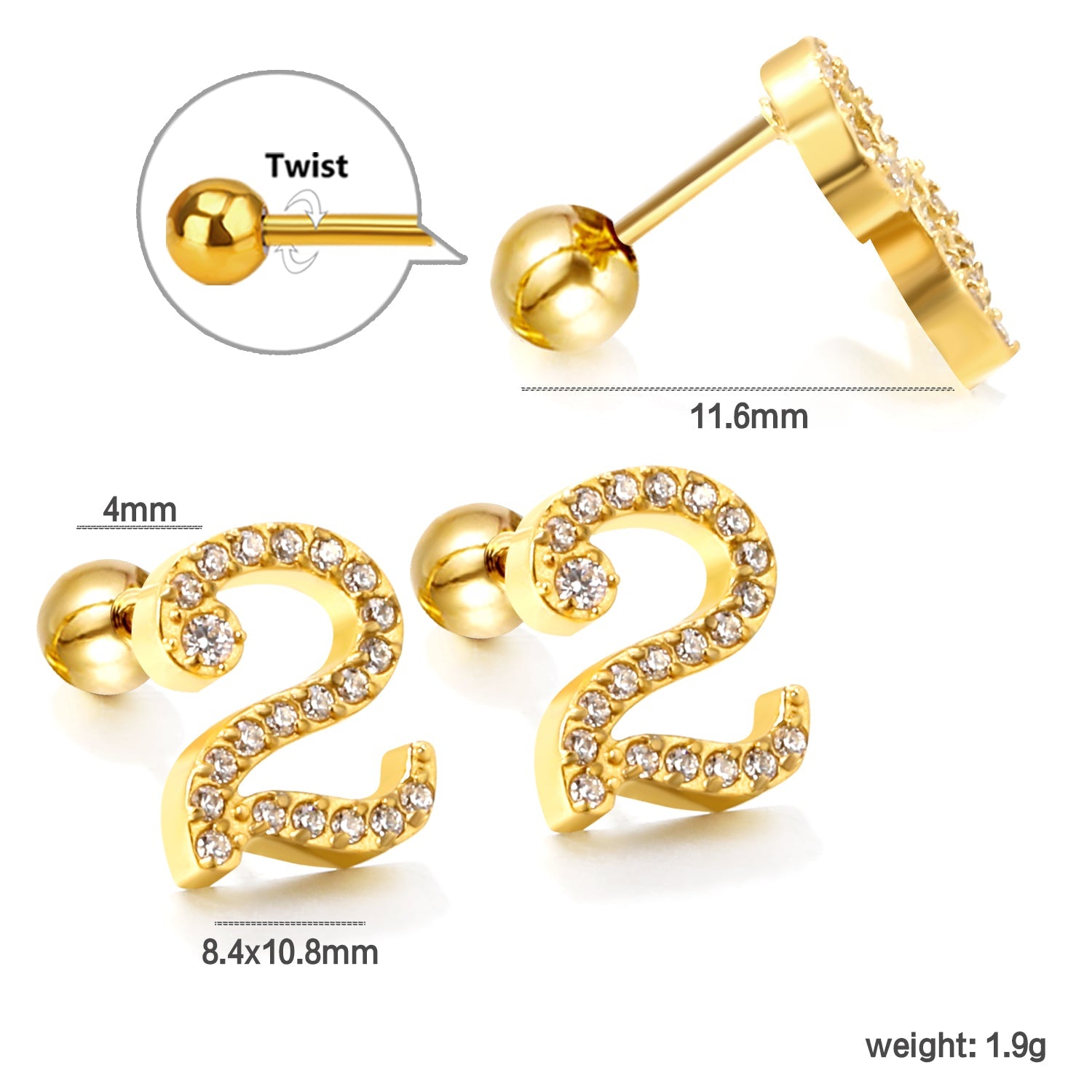 Steel ball screw-in numbers 1~9 with white diamond earrings 6*10mm asonjewelry
