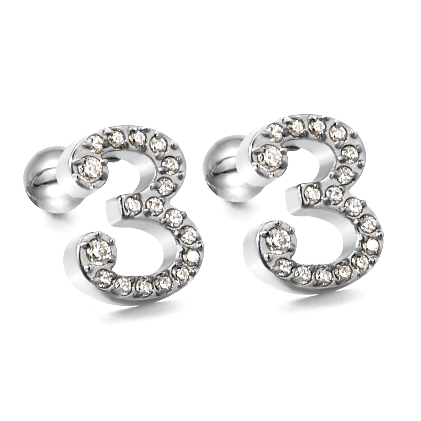 Steel ball screw-in numbers 1~9 with white diamond earrings 6*10mm asonjewelry