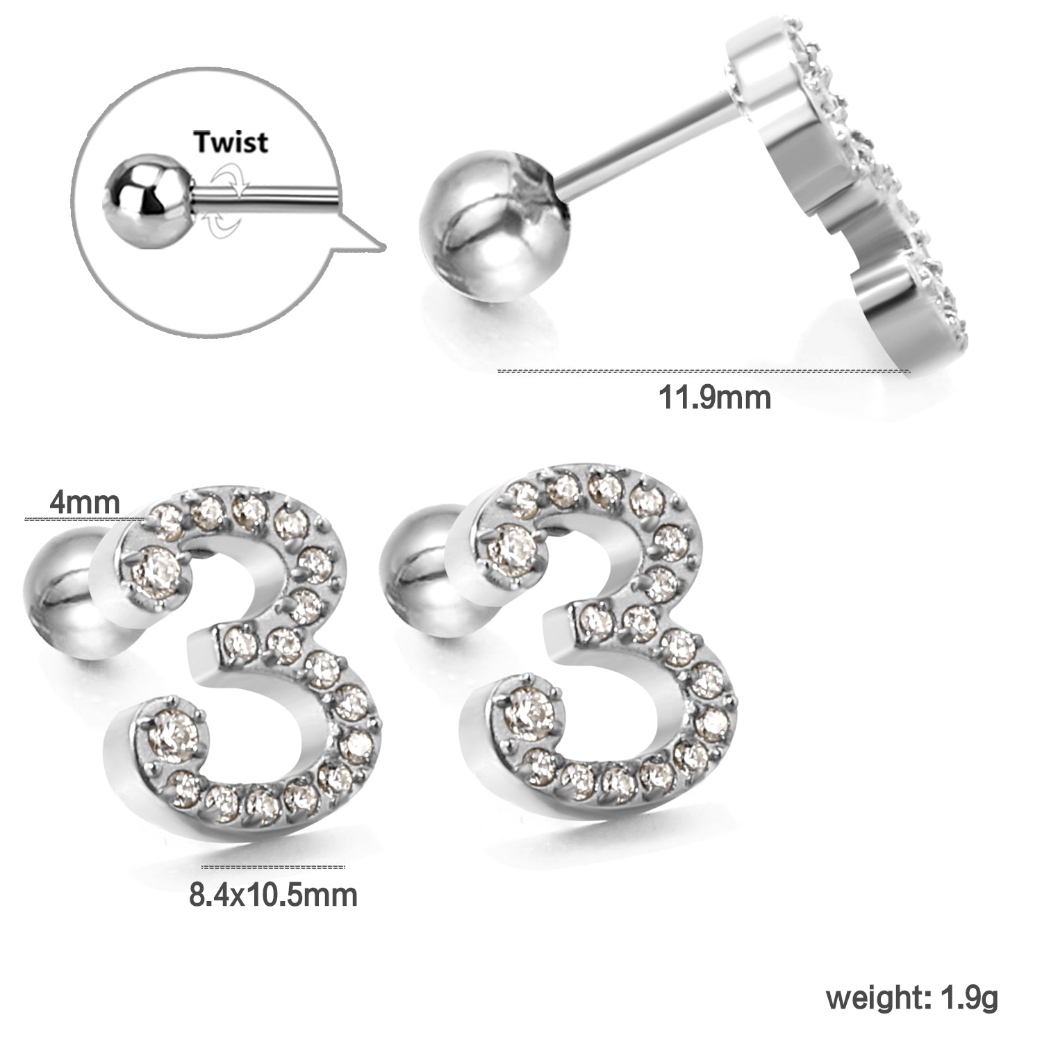 Steel ball screw-in numbers 1~9 with white diamond earrings 6*10mm asonjewelry