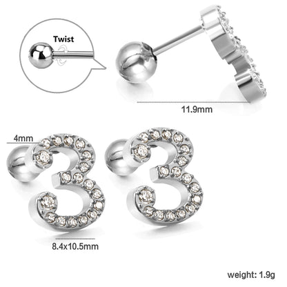 Steel ball screw-in numbers 1~9 with white diamond earrings 6*10mm asonjewelry