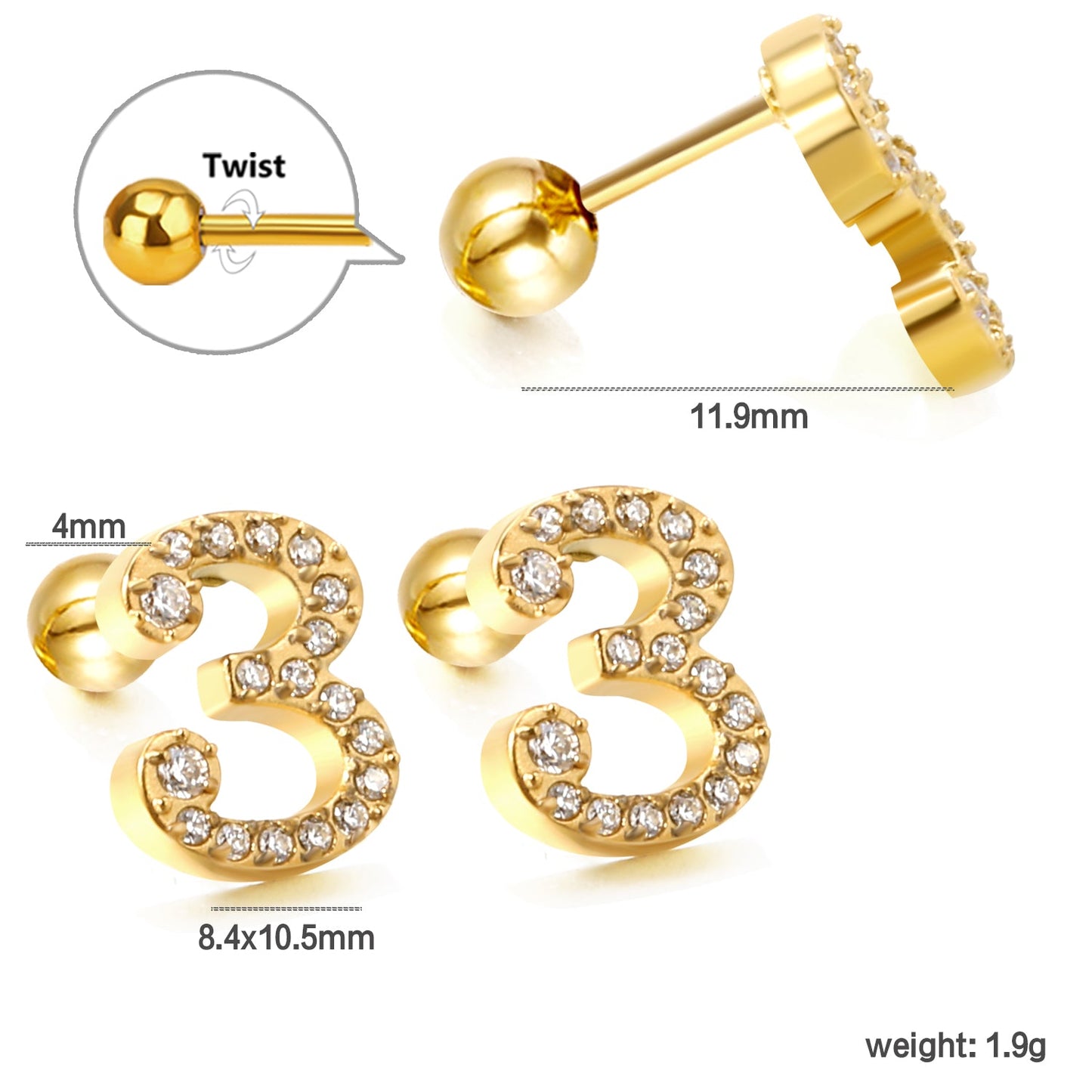 Steel ball screw-in numbers 1~9 with white diamond earrings 6*10mm asonjewelry