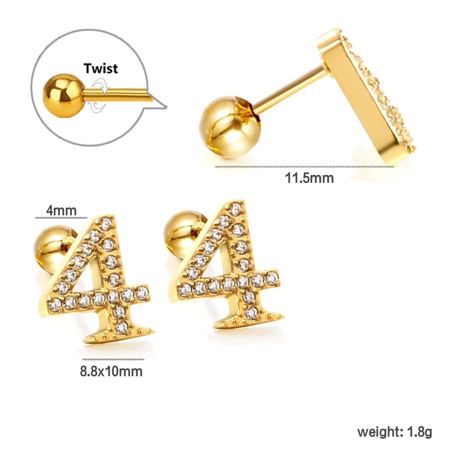 Steel ball screw-in numbers 1~9 with white diamond earrings 6*10mm asonjewelry