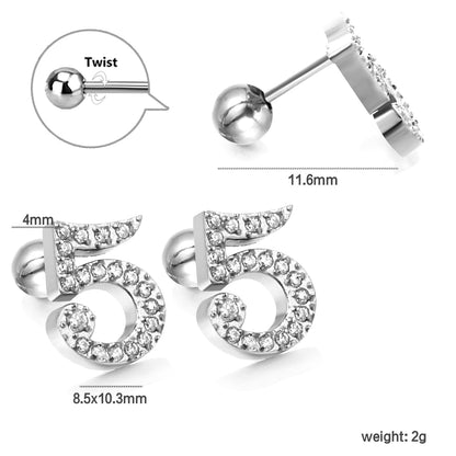 Steel ball screw-in numbers 1~9 with white diamond earrings 6*10mm asonjewelry