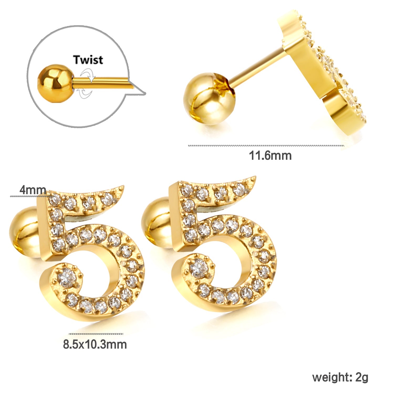Steel ball screw-in numbers 1~9 with white diamond earrings 6*10mm asonjewelry