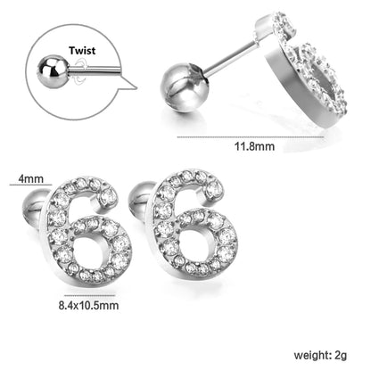 Steel ball screw-in numbers 1~9 with white diamond earrings 6*10mm asonjewelry