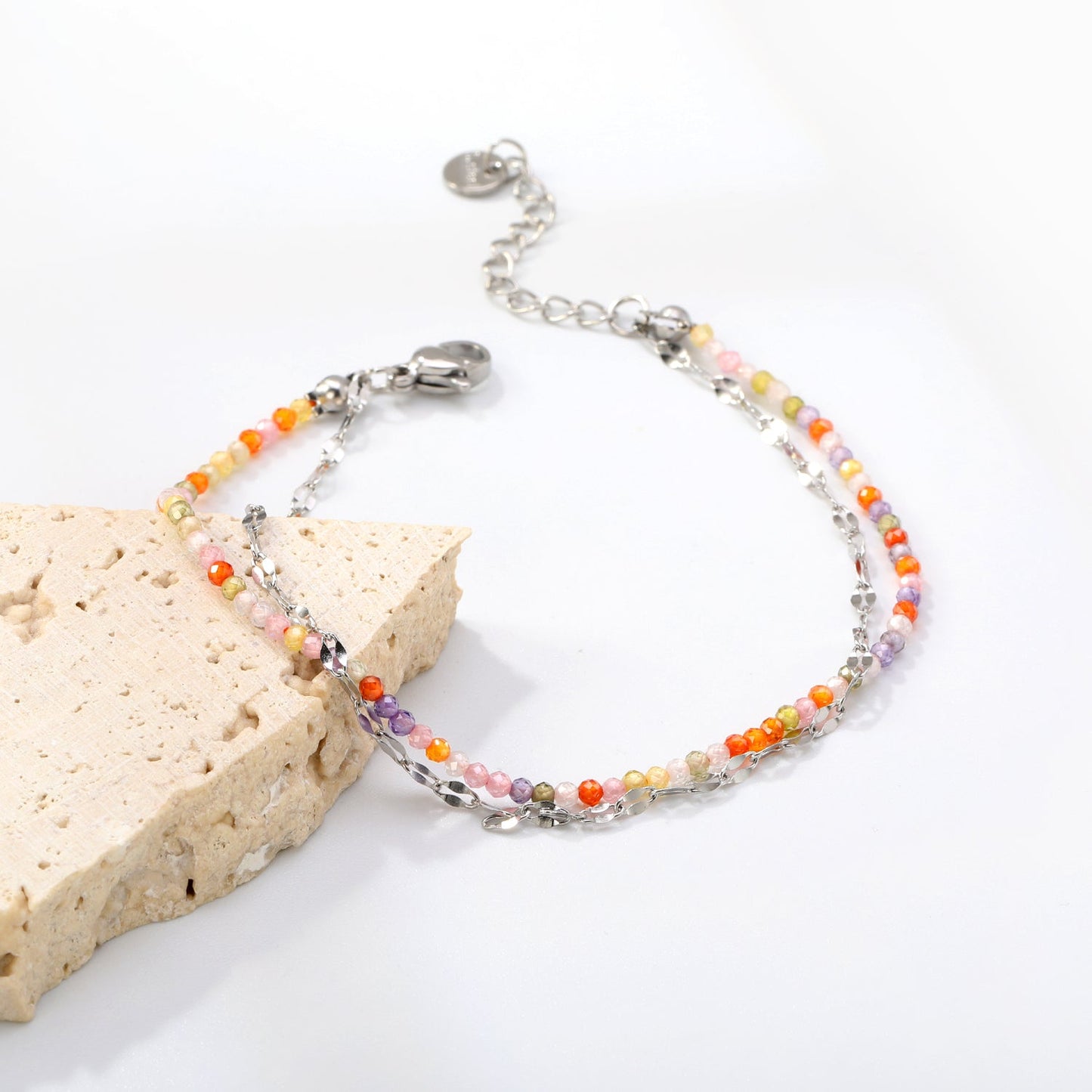 2mm color zirconium beads*18cm+double lip chain 16+3cm end chain+6mm round plate Double chain bracelet Steel/Golden asonjewelry