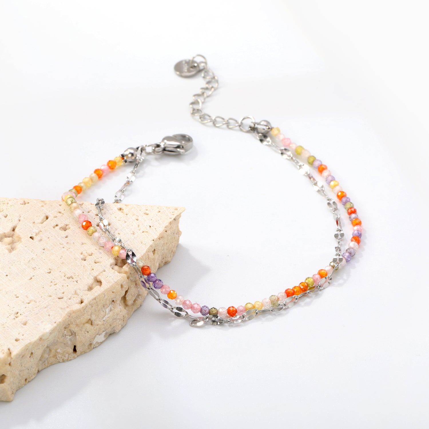 2mm color zirconium beads*18cm+double lip chain 16+3cm end chain+6mm round plate Double chain bracelet Steel/Golden asonjewelry