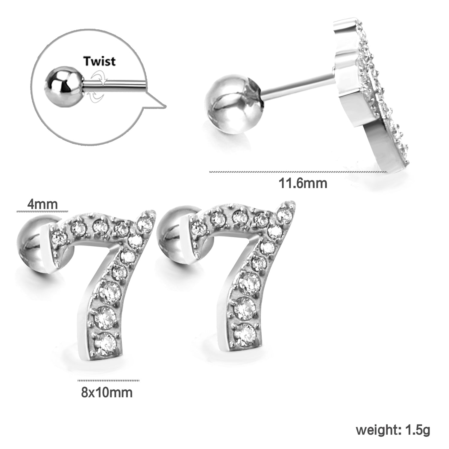Steel ball screw-in numbers 1~9 with white diamond earrings 6*10mm asonjewelry