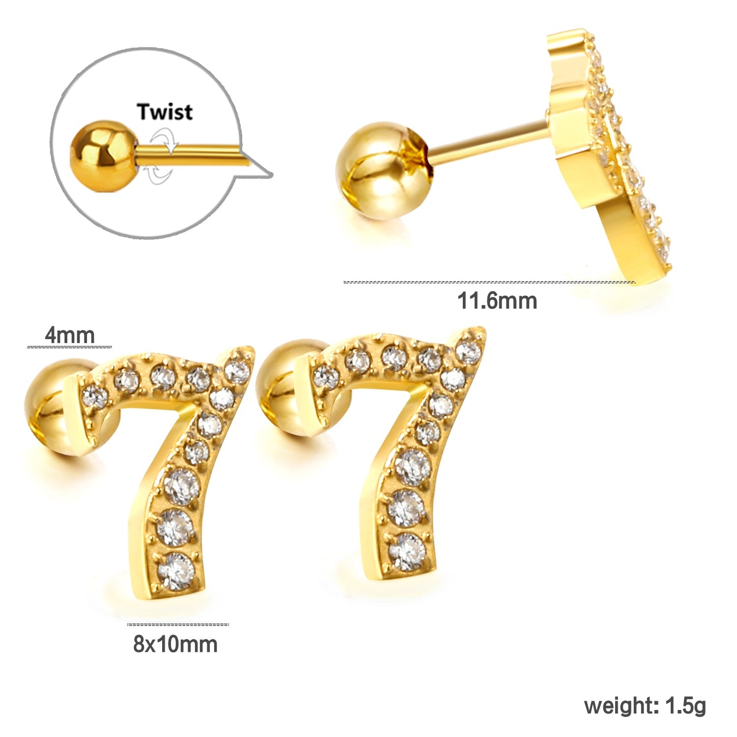 Steel ball screw-in numbers 1~9 with white diamond earrings 6*10mm asonjewelry