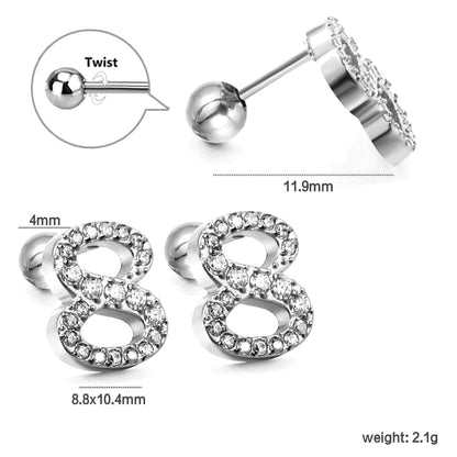 Steel ball screw-in numbers 1~9 with white diamond earrings 6*10mm asonjewelry