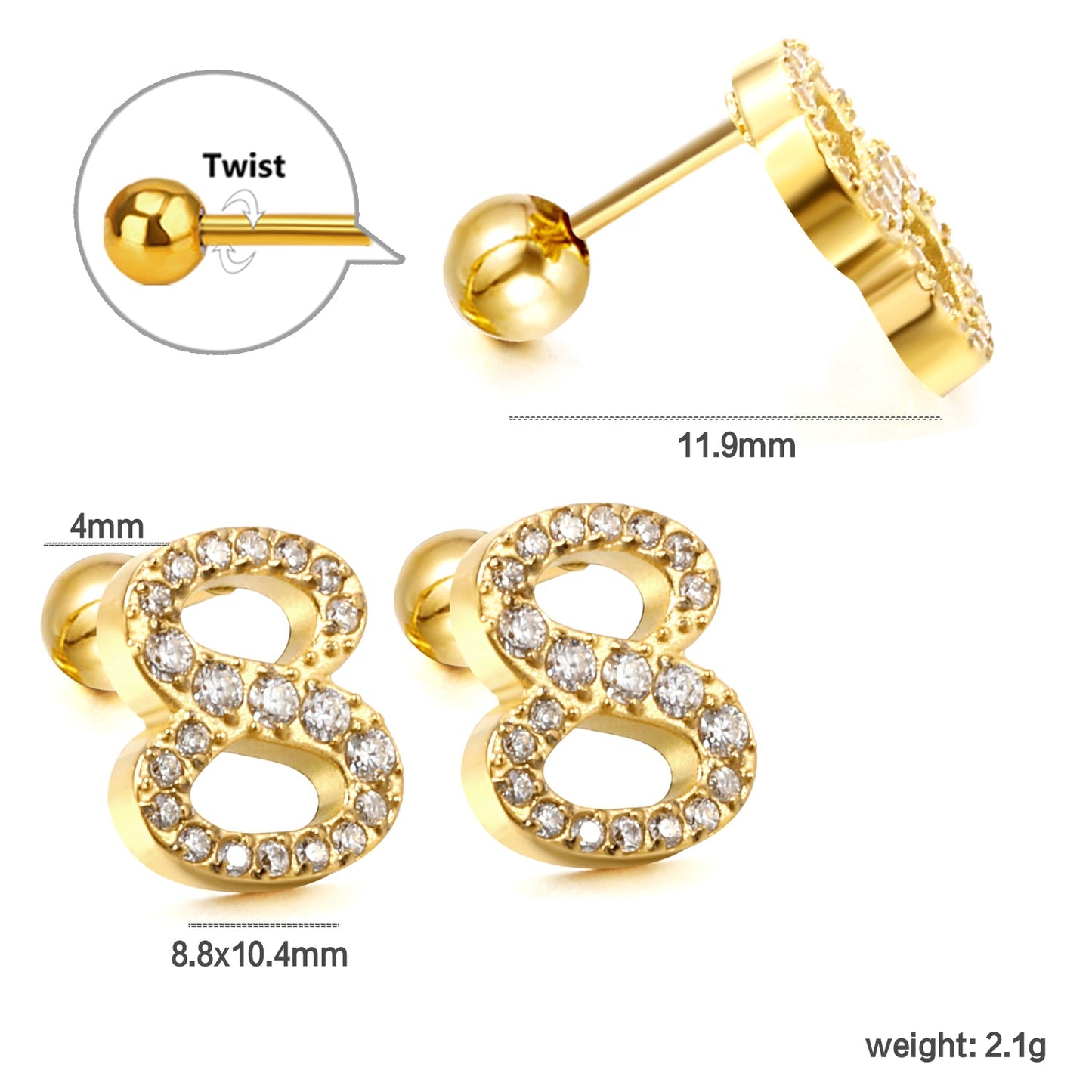 Steel ball screw-in numbers 1~9 with white diamond earrings 6*10mm asonjewelry