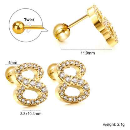 Steel ball screw-in numbers 1~9 with white diamond earrings 6*10mm asonjewelry