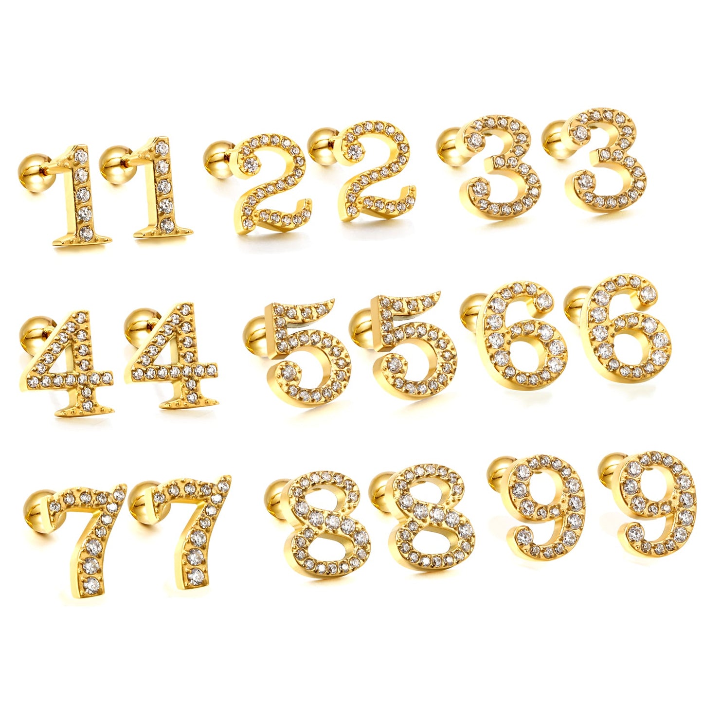 Steel ball screw-in numbers 1~9 with white diamond earrings 6*10mm asonjewelry