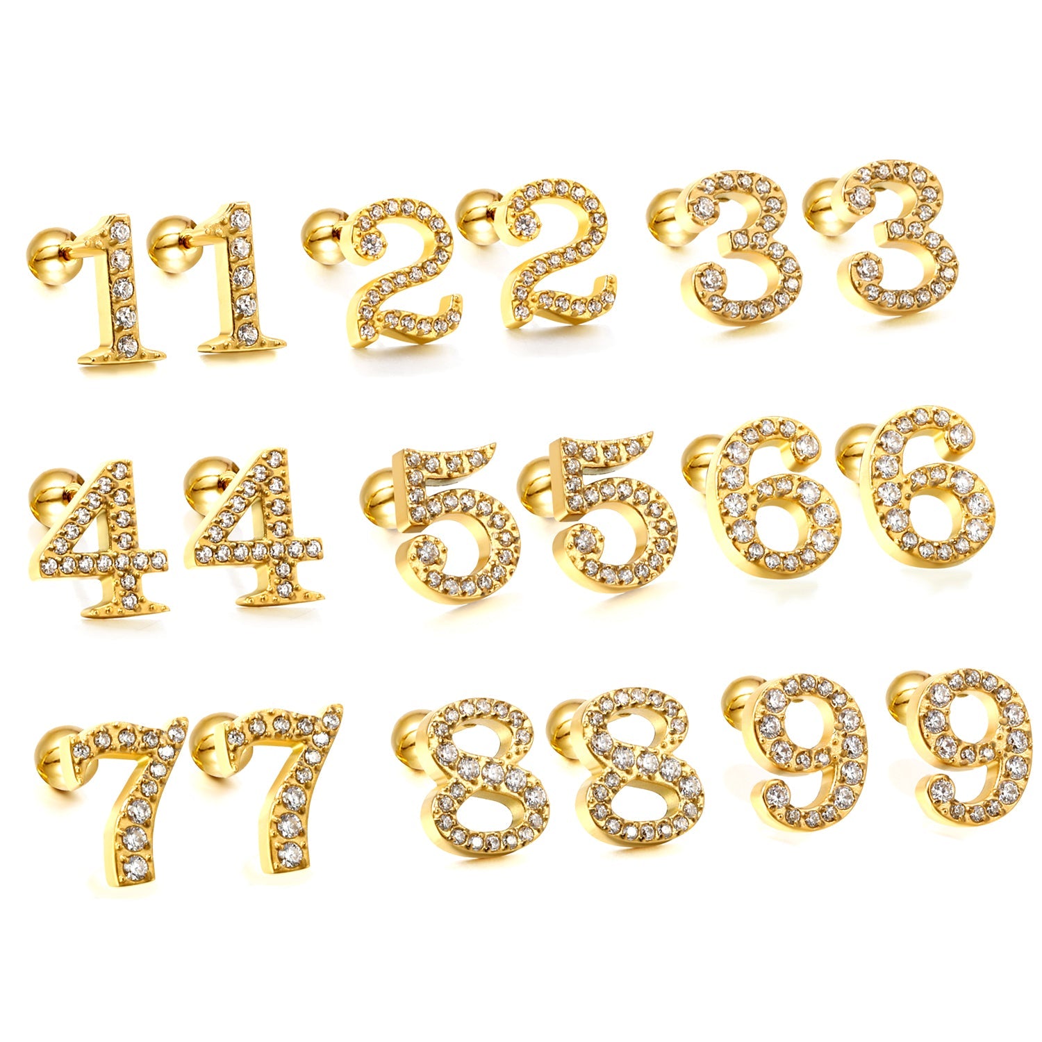 Steel ball screw-in numbers 1~9 with white diamond earrings 6*10mm asonjewelry
